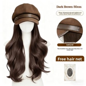 Non-detachable beret octagonal hat integrated with big wave wig