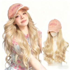 One-piece pink baseball cap with big wave wig